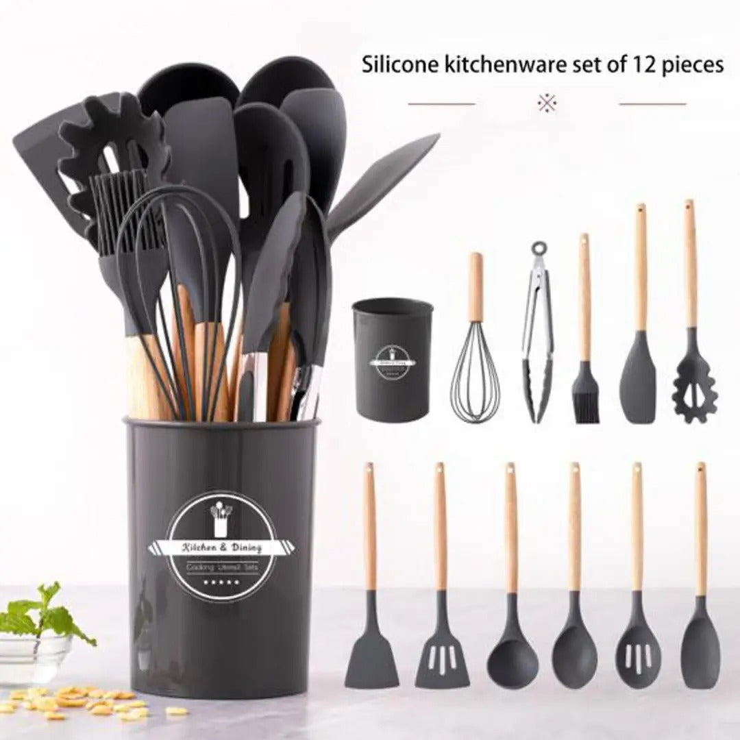 High Quality 12 Pcs Silicone Kitchen Utensil Set with Wooden Handles | Heat Resistant BPA Free Non-Stick Cooking Tools | Spatula, Turner, Spoon, Tongs, Whisk & Brush