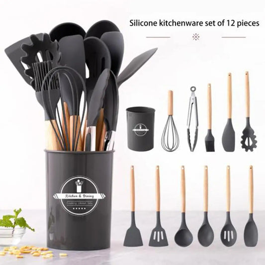 High Quality 12 Pcs Silicone Kitchen Utensil Set with Wooden Handles | Heat Resistant BPA Free Non-Stick Cooking Tools | Spatula, Turner, Spoon, Tongs, Whisk & Brush