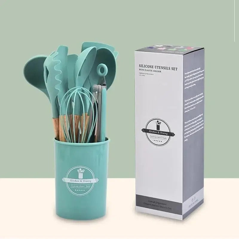 High Quality 12 Pcs Silicone Kitchen Utensil Set with Wooden Handles | Heat Resistant BPA Free Non-Stick Cooking Tools | Spatula, Turner, Spoon, Tongs, Whisk & Brush