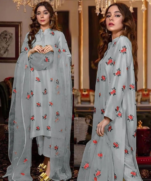 Grey Shamoz Silk 3-Piece Eid Suit with Rose Embroidery
