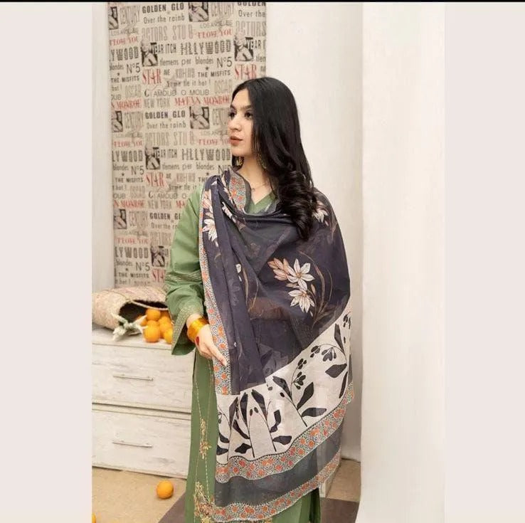 Green Embroidered 3-Piece Lawn Suit with Digital Print Dupatta