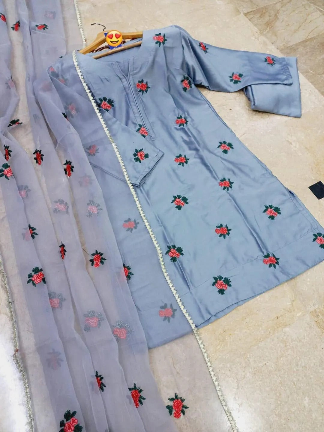 Grey Shamoz Silk 3-Piece Eid Suit with Rose Embroidery